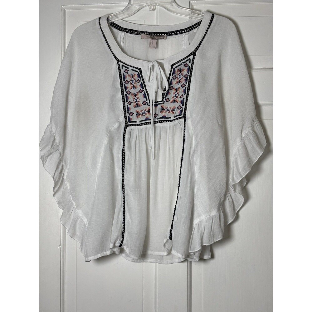 Forever 21 Women's M Boho Aztec Print Embroidered Top White Pancho Blouse - Picture 1 of 8
